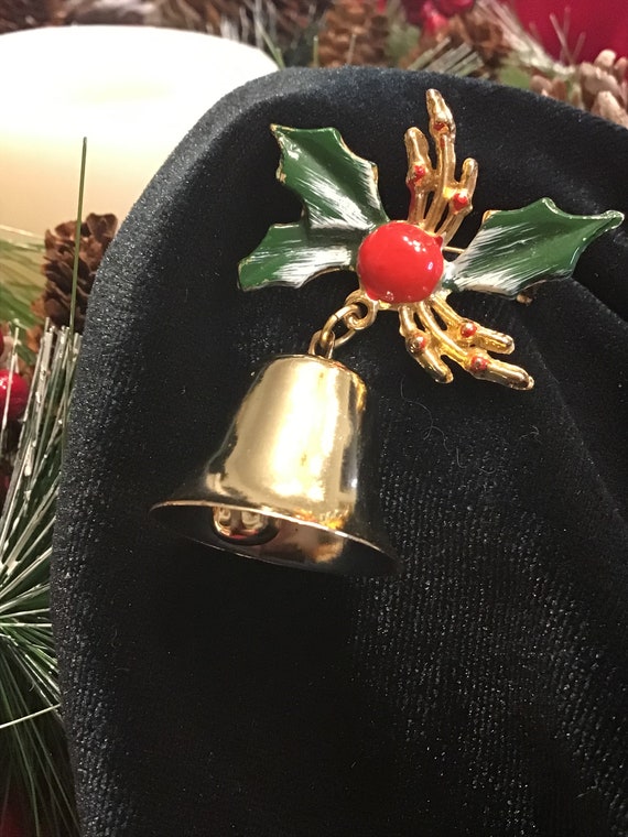 Vintage Christmas Jingle Bell Pin | Gold Enamel B… - image 7