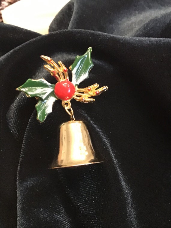 Vintage Christmas Jingle Bell Pin | Gold Enamel B… - image 1