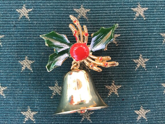 Vintage Christmas Jingle Bell Pin | Gold Enamel B… - image 4