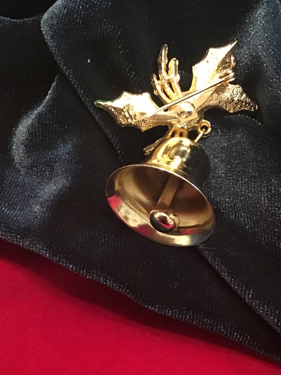 Vintage Christmas Jingle Bell Pin | Gold Enamel B… - image 2