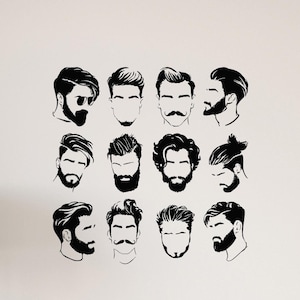 Men&#39;s Hairstyles and Beards Vinyl Wall Decal, Barber Shop Decor Sticker, Modern Haircut and Beard Style Wall Art for Salon Window eg9971