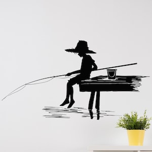 Vinyl Wall Decal with Fisher Boy Design, Cute Fishing Wall Art for Nursery, Kids Room Bedroom, or Beach House Decor eg9972
