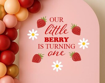 Geburtstagsdekoration Mädchen unsere kleine Beere dreht sich Vinyl Aufkleber Erdbeere Thema Gänseblümchen Backdrop Arch DIY Party Fotodekor ca