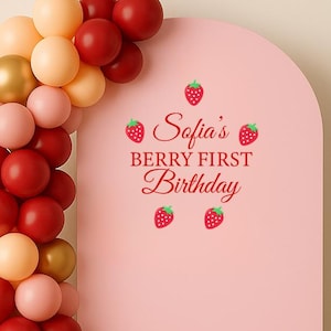 First Birthday Personalized Decoration Vinyl Decal Name Strawberry Berry Theme 1st Birthday Backdrop Sticker Sign DIY Party Photo Prop ca3