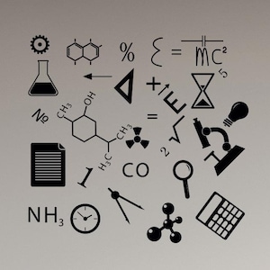 May include: Black and white science themed wall decals with various symbols and formulas, including a beaker, a molecule, a compass, a calculator, a microscope, a light bulb, a clock, a ruler, a gear, a chemical formula, a percentage sign, an hourglass, a magnifying glass, a document, and the formula E=mc².