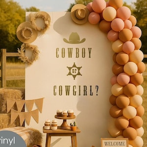Cowboy or Cowgirl Gender Reveal Vinyl Decal Western Baby Shower Backdrop Sign Rustic Wild West Party Decoration Country Theme Sticker ea4665
