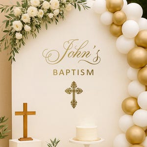 Baptism Decor Custom Vinyl Decal with Cross and Name, Personalized Christening Backdrop Decoration, Religious Event Party Wall Sticker w145