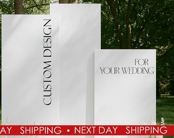 Könnte beinhalten: Weiße rechteckige Schilder mit dem Text "CUSTOM DESIGN" und "FOR YOUR WEDDING". Ein rotes Banner liest "NEXT DAY SHIPPING". Das Bild enthält auch den Text "Want something special? Write to us!" und "vinyl decal only".