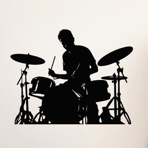 Drummer Silhouette Wall Decal – Vinyl Wall Art for Music Room, Studio, Bedroom, Rock Band Fans, Drum Set Sticker, Music Lover’s Decor eg9943