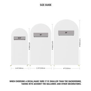 May include: Size guide for arch backdrops. The image shows three white arch backdrops with measurements in feet and inches. The smallest is 2.6ft/80cm wide and 6ft/180cm tall, with a 22.5-inch top. The largest is 4ft/120cm wide and 7.2ft/220cm tall, with a 28-inch top.