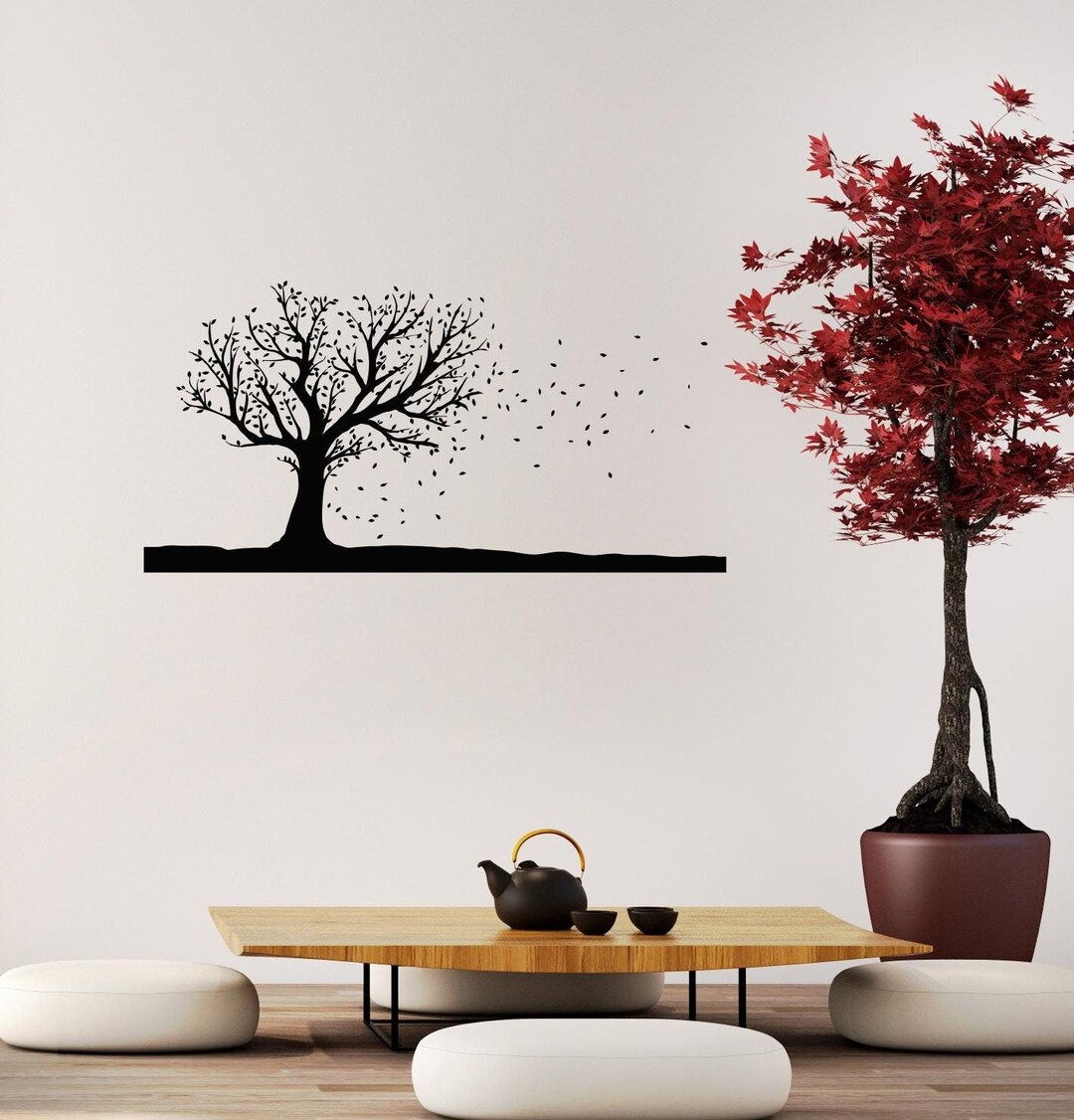Vinyl Wall Decal of Autumn Tree With Falling Leaves, Beautiful Fall ...