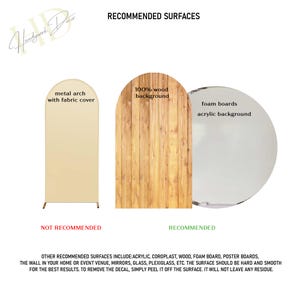 May include: Image showing recommended surfaces for a decal. The image displays a metal arch with a fabric cover, a wooden background, and a circular acrylic background. Text indicates which surfaces are recommended.