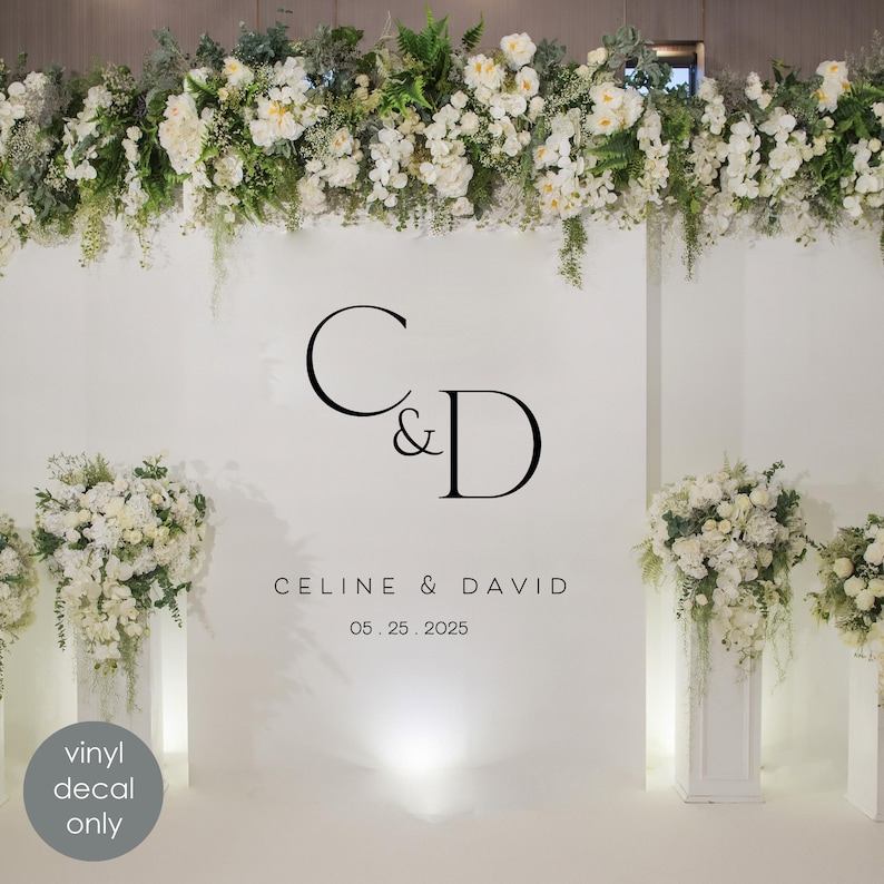 Modern Wedding Monogram Backdrop Decal – Custom Initials, Names & Date | Art Decor Style Black Vinyl for Acrylic, Fabric or Wood