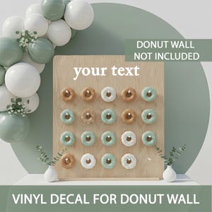 May include: A wooden donut wall featuring an assortment of donuts in brown, white, and green. The text "your text" is displayed on the wall. The words "DONUT WALL NOT INCLUDED" and "VINYL DECAL FOR DONUT WALL" are also visible.
