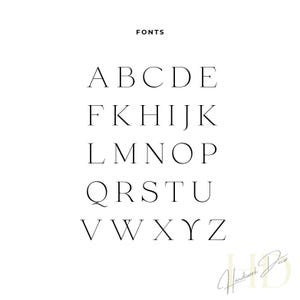 May include: A white background with the word "FONTS" at the top. Below, the alphabet is displayed in a serif font, from A to Z, in a clean, minimalist style. The bottom right corner features a signature.