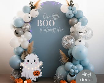 Our Little Boo Is Almost Due Vinyl Decal for Baby Shower Backdrop, Halloween Party, Gender Reveal Decor w157