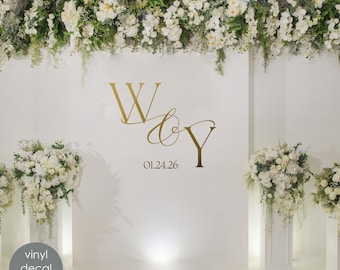 Gold Metallic Wedding Monogram Vinyl Decal, Custom Initials and Date for Backdrop, Elegant Personalized Wall Sticker Ceremony Reception w158