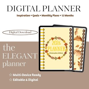 Peut inclure: Planificateur numérique avec le texte "DIGITAL PLANNER" en haut. Le planificateur comprend le texte "Inspiration, Objectifs, Plans Mensuels, 12 Mois". Le planificateur est intitulé "2026 PLANNER" et est "Multi-Device Ready".