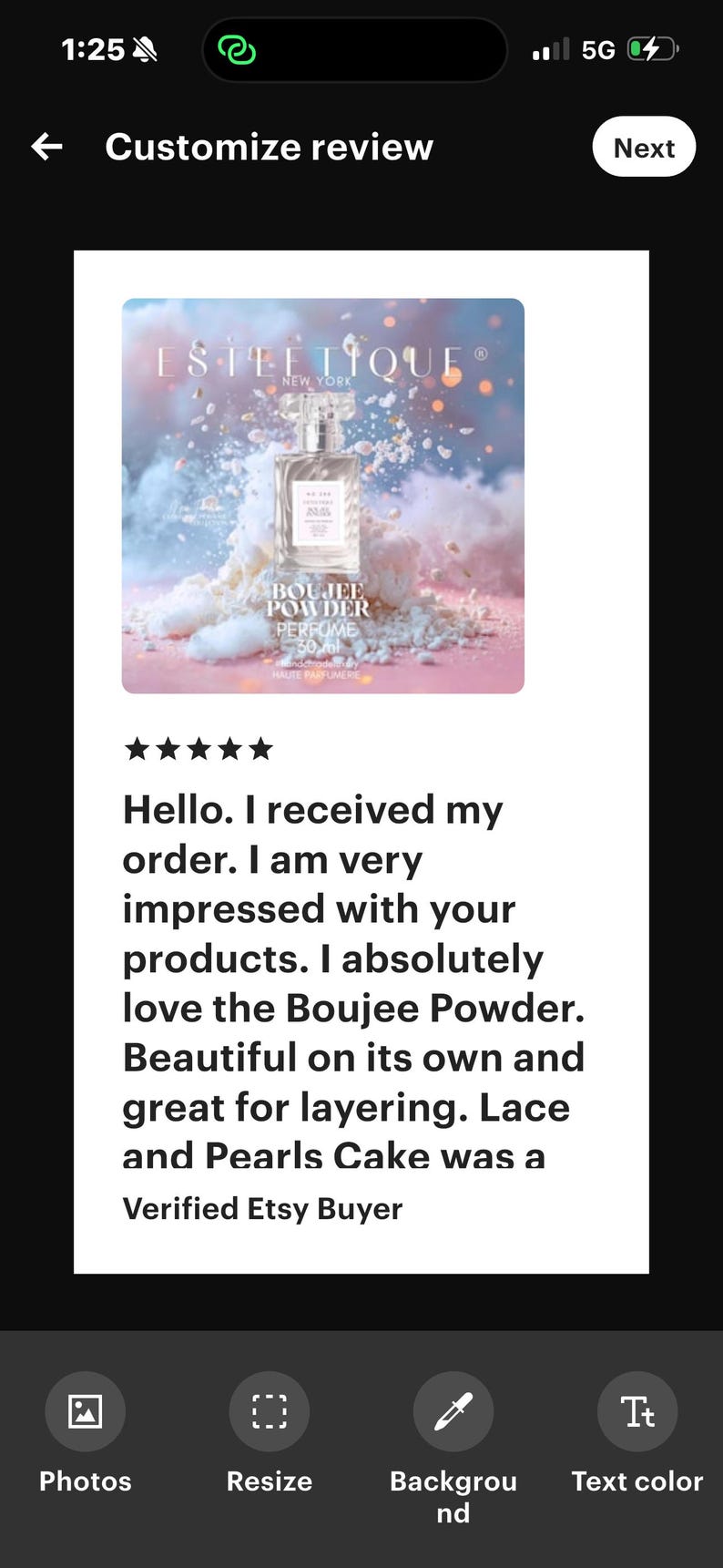 May include: A perfume bottle with the text "BOUJEE POWDER PERFUME" and the brand name "ESTETIQUE NEW YORK" is displayed on a pink and blue background. The image includes a customer review with a five-star rating.