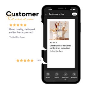 Op de afbeelding: Een smartphone toont een klantbeoordeling met vijf sterren. De beoordeling luidt: "Geweldige kwaliteit, eerder dan verwacht geleverd." De telefoon toont ook een productafbeelding van een parfumfles.