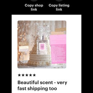 May include: A perfume bottle with a pink label and a silver cap, displayed on a tiered cake. The text "FOR HER" is visible. The review says "Beautiful scent - very fast shipping too".