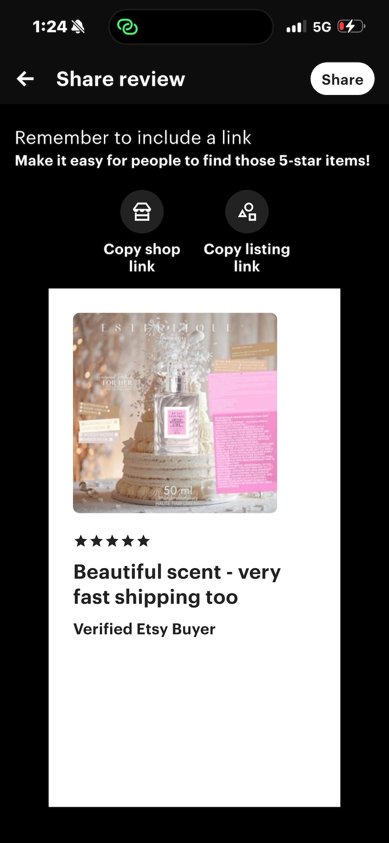 May include: A perfume bottle with a pink label and a silver cap, displayed on a tiered cake. The text "FOR HER" is visible. The review says "Beautiful scent - very fast shipping too".