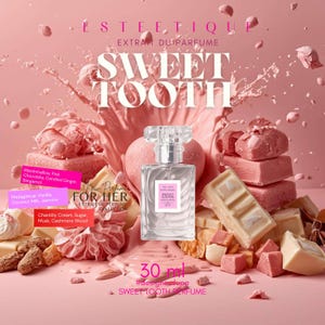 May include: A perfume bottle with a clear, geometric design, labeled "SWEET TOOTH" and "FOR HER." The image features pink accents, including splashes, candies, and text. The bottle contains 30 ml of perfume.
