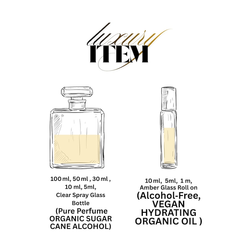May include: An illustration of a clear spray glass bottle and an amber glass roll-on bottle. The spray bottle is available in 100 ml, 50 ml, 30 ml, 10 ml, and 5 ml sizes. The roll-on bottle is available in 10 ml, 5 ml, and 1 ml sizes. The text reads "Luxury Item".