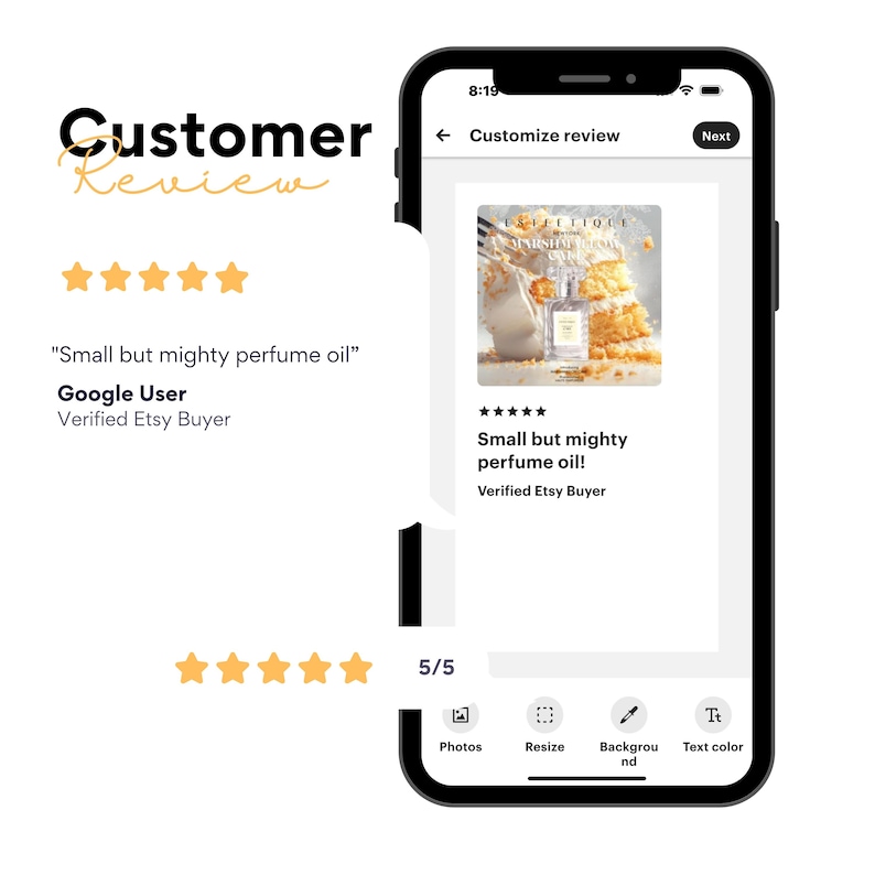 May include: A smartphone screen displays a customer review for perfume oil. The review includes a photo of the product, a five-star rating, and the text "Small but mighty perfume oil!" The phone's interface shows editing options.