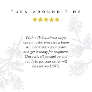 May include: White background with text that reads "TURN AROUND TIME" and "★★★★★". The text below states the order processing time and shipping details. Floral design elements are in the background.