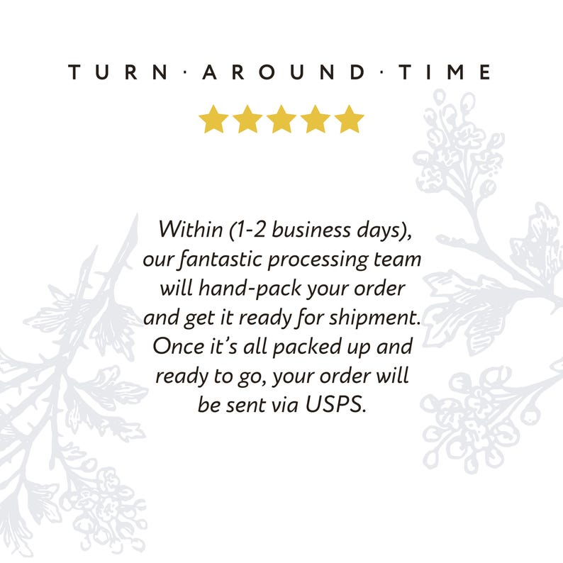 May include: White background with text that reads "TURN AROUND TIME" and "★★★★★". The text below states the order processing time and shipping details. Floral design elements are in the background.