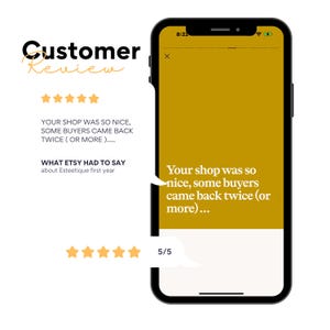May include: A smartphone displays a customer review with a 5/5 rating. The text reads, "Your shop was so nice, some buyers came back twice (or more)..." and "Customer Review" in a handwritten font.