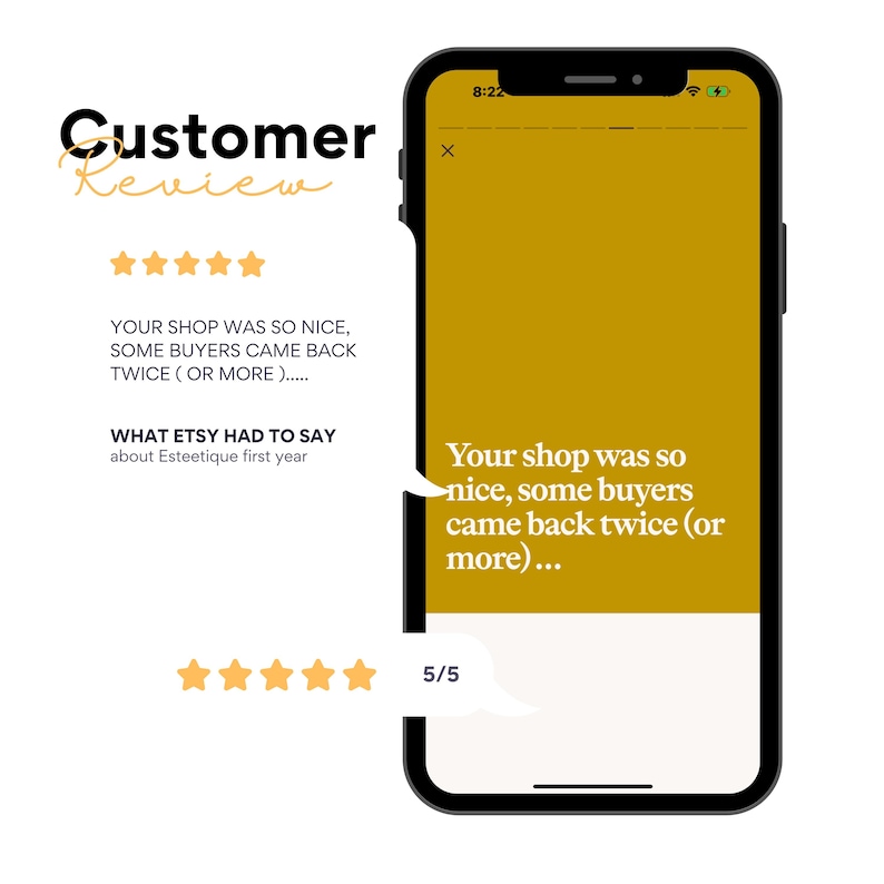 May include: A smartphone displays a customer review with a 5/5 rating. The text reads, "Your shop was so nice, some buyers came back twice (or more)..." and "Customer Review" in a handwritten font.