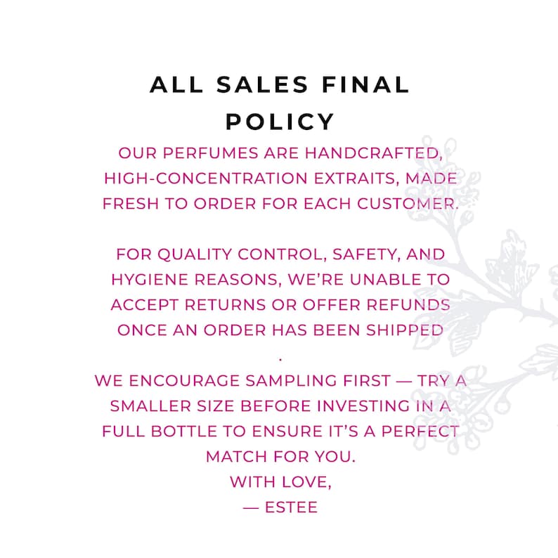 Op de afbeelding: Witte achtergrond met tekst in zwart en paars. De tekst luidt "ALL SALES FINAL POLICY" en beschrijft het retourbeleid van het bedrijf, met de nadruk op handgemaakte parfums en het belang van proeven.