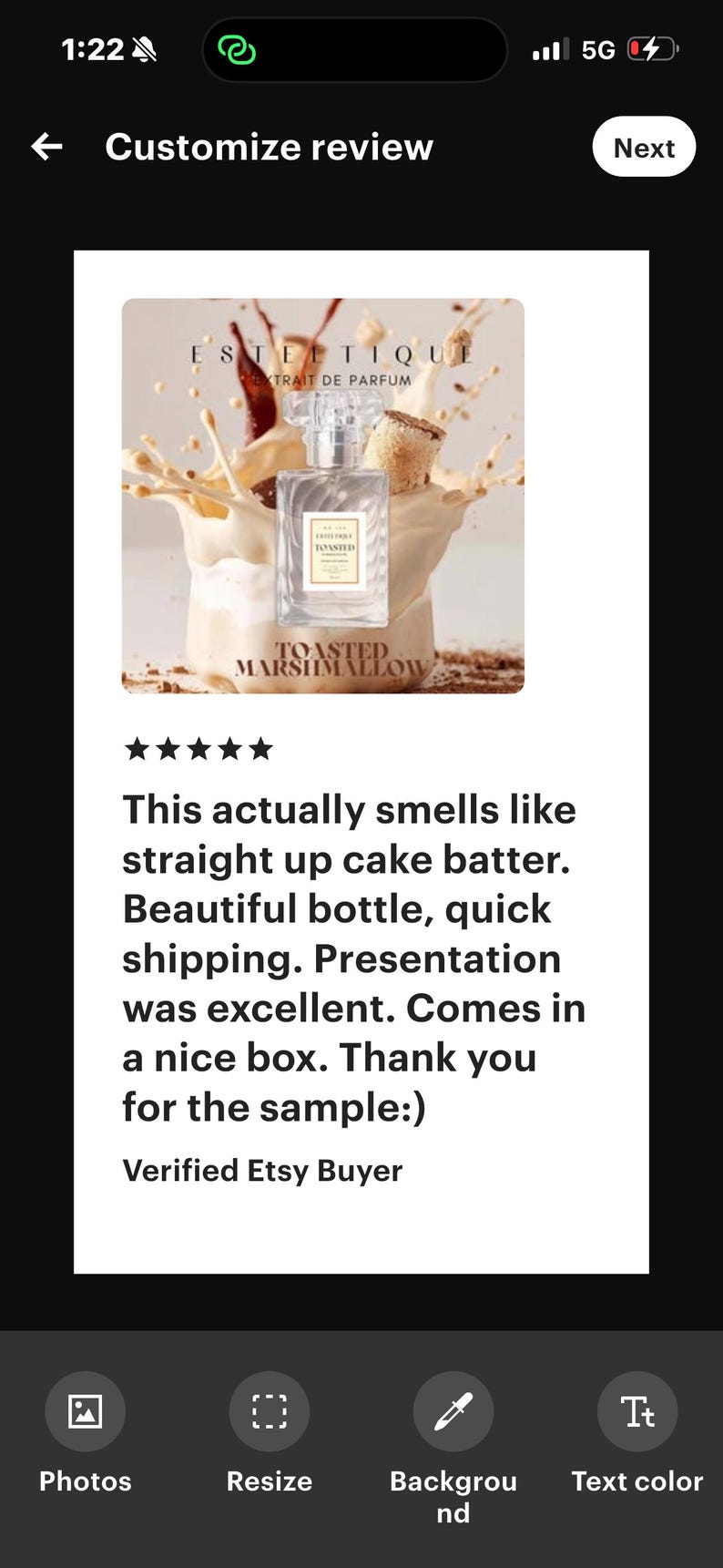 May include: A perfume bottle with the text "TOASTED MARSHMALLOW" is displayed in a splash of cream and brown. The bottle is clear with a rectangular shape and a silver cap. The brand name "ESTETIQUE" is visible.