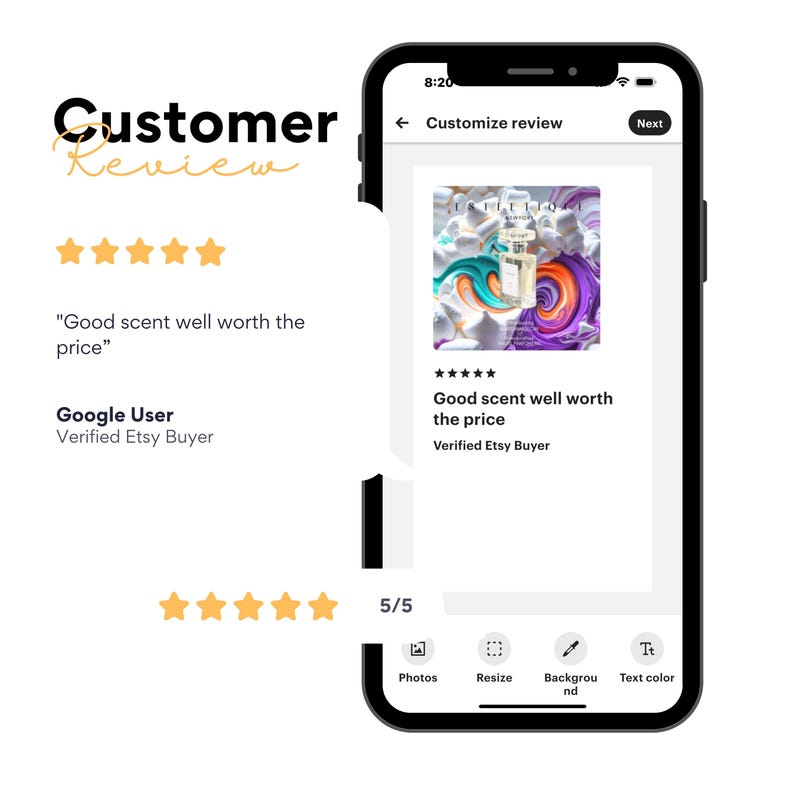 Op de afbeelding: Een smartphone toont een klantbeoordeling voor een geurproduct. De beoordeling bevat een vijfsterrenbeoordeling en de tekst "Good scent well worth the price." Het telefoonscherm toont een productafbeelding met een parfumflesje.