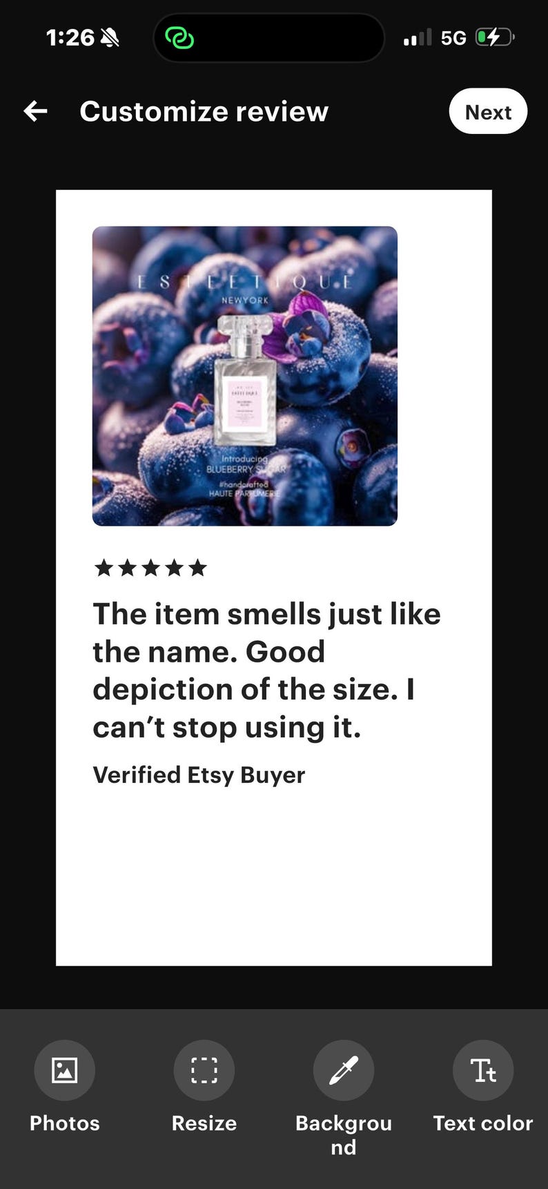 May include: A perfume bottle with a clear cap and a pink label is set against a backdrop of blueberries and purple flowers. The label reads "Sweet Potion" and "Blueberry Sugar". The image includes a customer review.