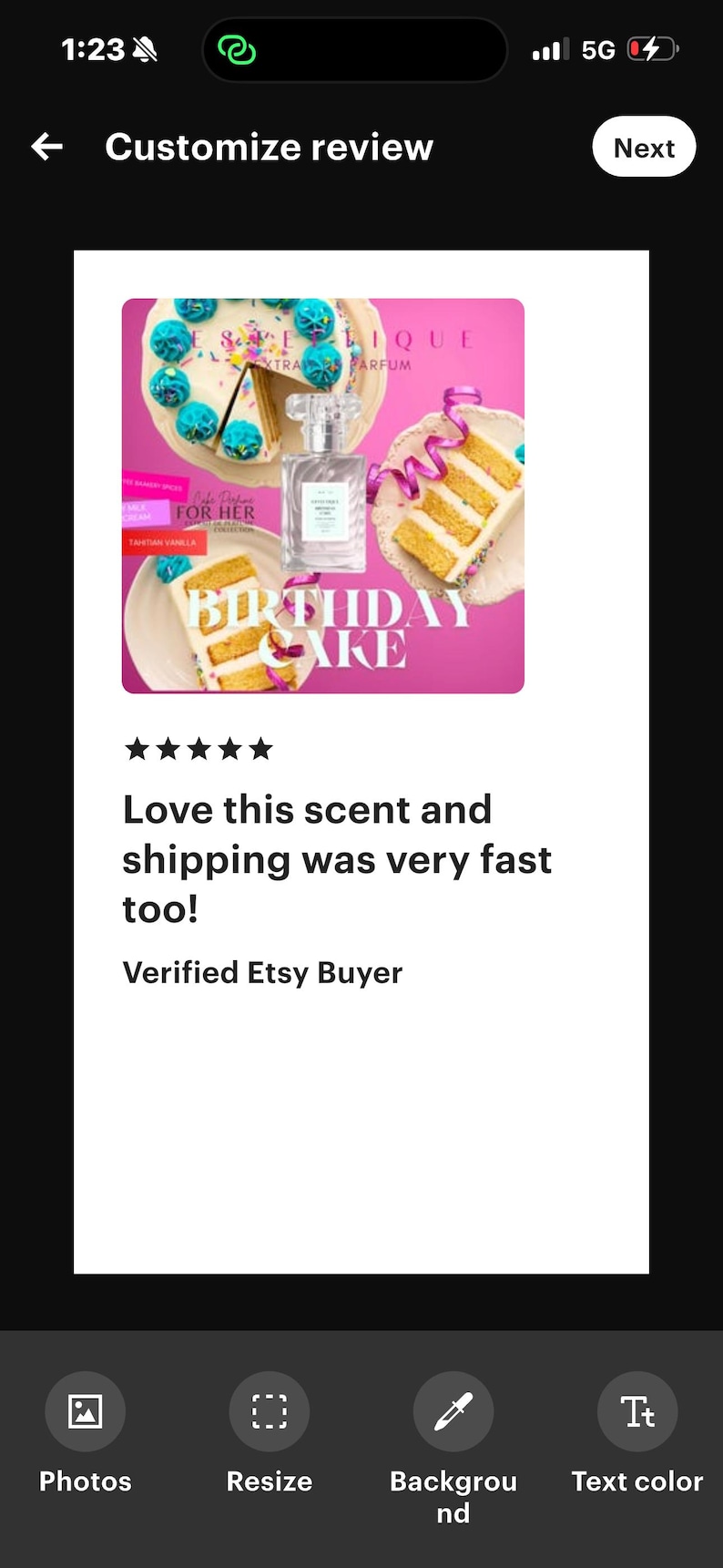May include: An image featuring a perfume bottle next to a cake slice with the words "BIRTHDAY CAKE". The perfume bottle is clear with a white label. The cake has yellow layers and blue decorations.