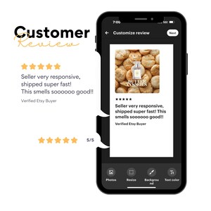 Op de afbeelding: Een smartphone toont een klantbeoordeling met vijf sterren. De beoordelingstekst benadrukt de snelle verzending van de verkoper en de aangename geur van het product. De productafbeelding is een parfumflesje met het label "Butter Cookies."