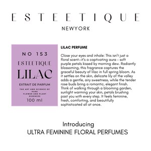 Puede incluir: Un frasco de perfume con el texto "LILAC" y "ESTEETIQUE NEWYORK" sobre un fondo blanco. La etiqueta es lavanda con el texto "NO 153" y "100 ml". Tambi&eacute;n se ve el texto "ULTRA FEMININE FLORAL PERFUMES".