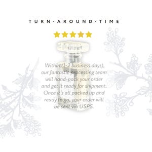 Op de afbeelding: Transparante glazen fles met een decoratieve stopper, tegen een witte achtergrond met bloemmotieven. De tekst "TURN AROUND TIME" staat bovenaan, met vijf gouden sterren en beschrijvende tekst eronder.