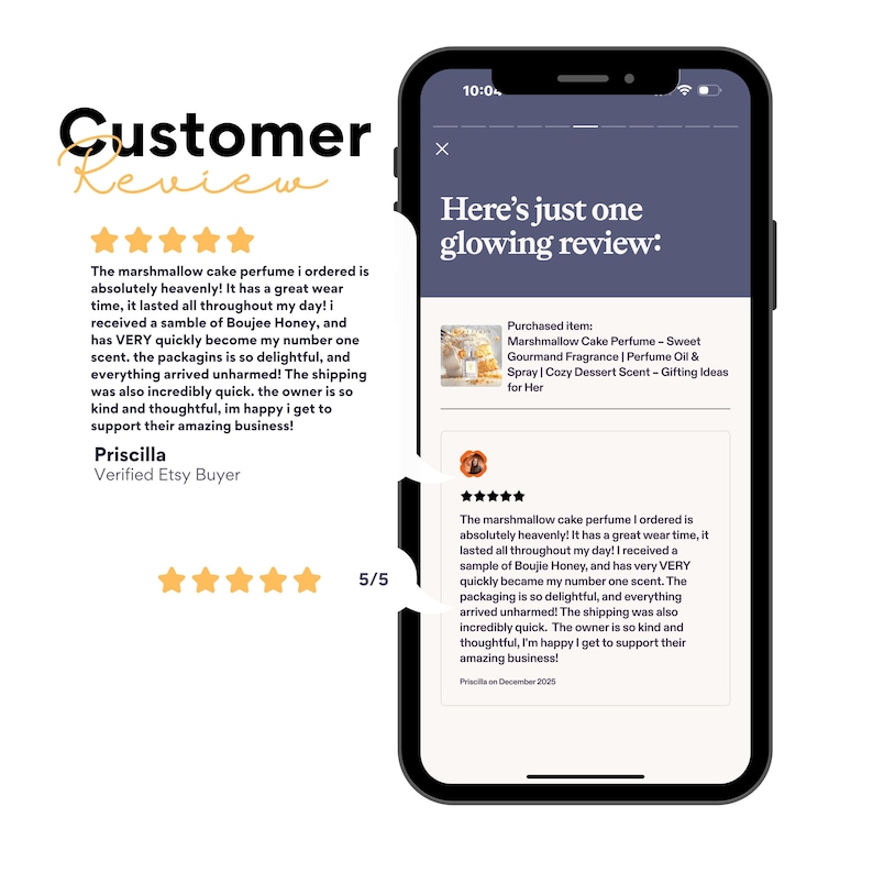 May include: A smartphone screen displays a customer review for a perfume product. The review text praises the scent and longevity of the perfume. The screen also shows the product name and a 5/5 rating.