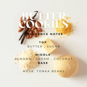 Buttercookie 
Top Notes: Vanilla, Butter, Sugar
Heart Notes: Almond, Cream, Coconut
Base Notes: Musk, Tonka Bean, Amber