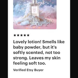 May include: A perfume bottle with the text "BOUJEE POWDER PERFUME" and the brand name "ESTETIQUE NEW YORK". The image includes a customer review that says "Lovely lotion! Smells like baby powder, but it's softly scented, not too strong."