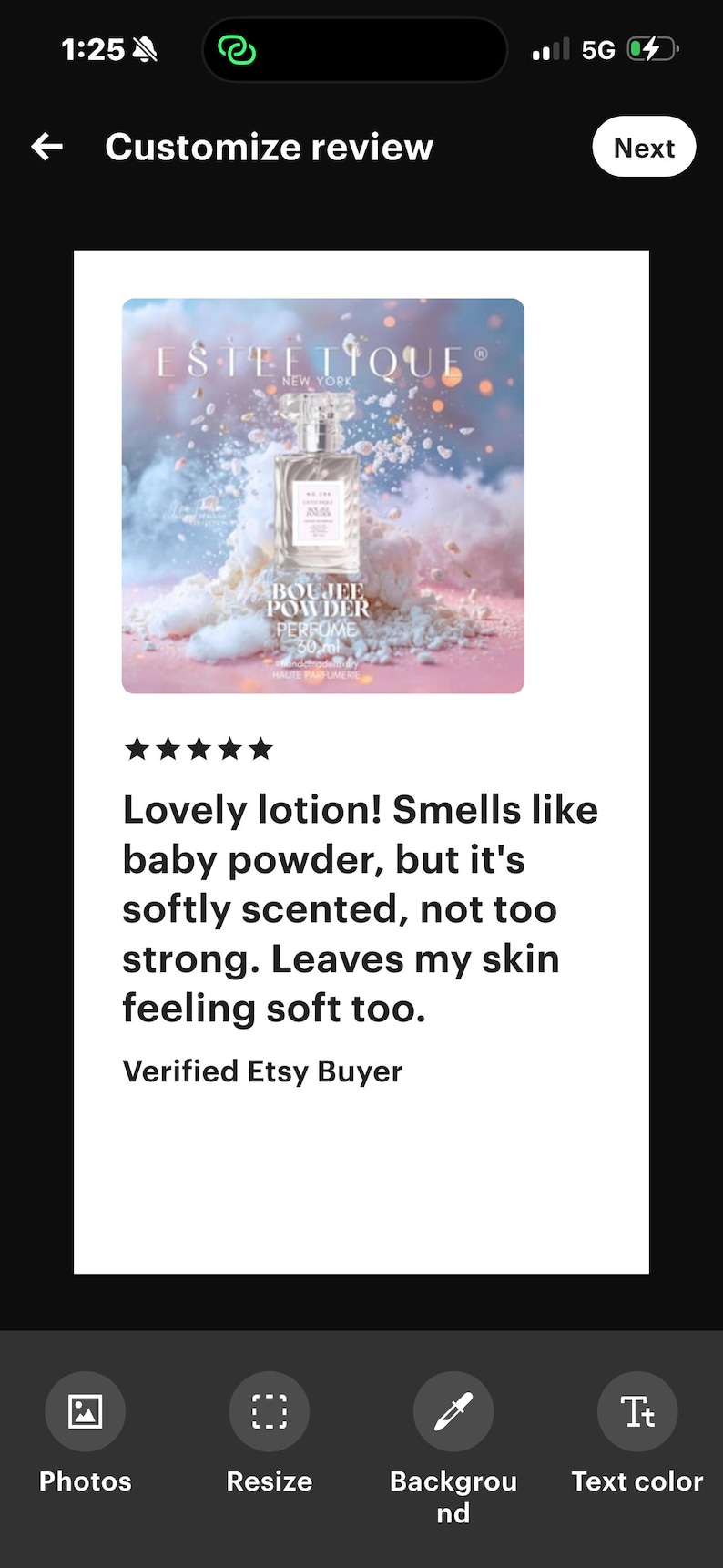 May include: A perfume bottle with the text "BOUJEE POWDER PERFUME" and the brand name "ESTETIQUE NEW YORK". The image includes a customer review that says "Lovely lotion! Smells like baby powder, but it's softly scented, not too strong."