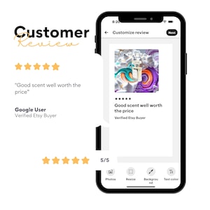 May include: A smartphone displays a customer review with a five-star rating. The review text reads "Good scent well worth the price." The image on the screen shows a perfume bottle with colorful abstract art in the background.