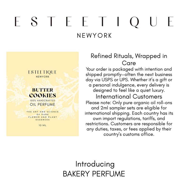 May include: A perfume bottle with the text "BUTTER COOKIES 100% HANDCRAFTED OIL PERFUME" and "THE ART AND SCIENCE OF PURE FLOWER AND PLANT ESSENCES". The brand name "ESTEETIQUE NEWYORK" is at the top. The text "BAKERY PERFUME" is at the bottom.