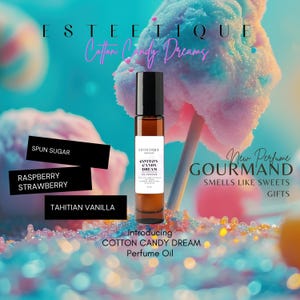 May include: A perfume oil bottle with the text "Cotton Candy Dream" is centered in front of a cotton candy background. The image includes text labels for "Spun Sugar", "Raspberry Strawberry", and "Tahitian Vanilla". The words "Gourmand" and "Smells Like Sweets" are also visible.