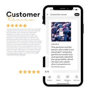 May include: A smartphone screen displays a customer review for a perfume. The review text praises the product and the seller. The image in the review shows a perfume bottle with a floral design, set against a background of blueberries.