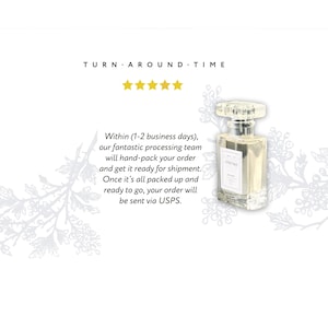 May include: A clear glass perfume bottle with a rectangular shape and a clear, faceted cap. The bottle has a white label with black text. The image includes text that says "TURN AROUND TIME" and information about order processing.